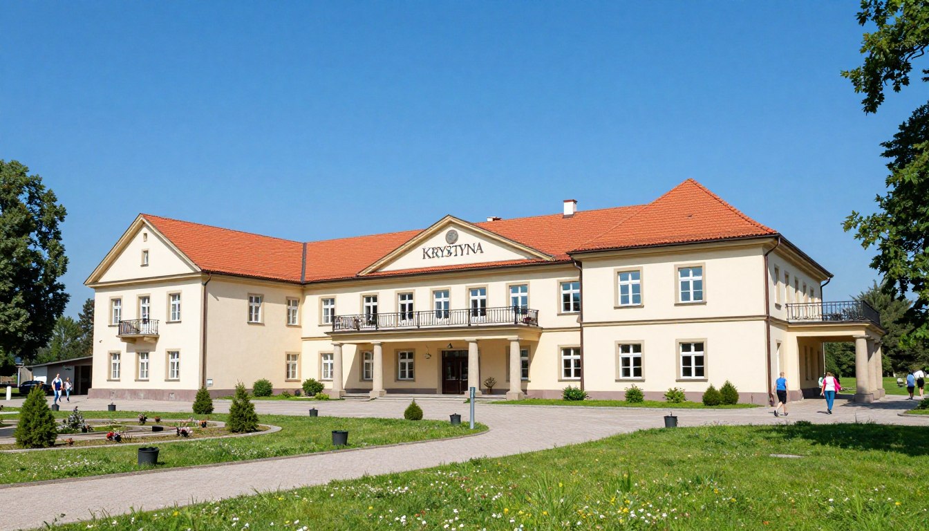 Sanatorium Krystyna w Busku-Zdroju - widok z zewnątrz na budynek główny i otaczający park zdrojowy