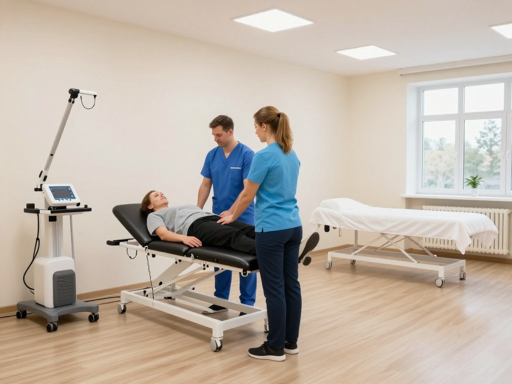 Zabiegi rehabilitacyjne w Sanatorium Krystyna - sala zabiegowa z profesjonalnym sprzętem i personelem medycznym Zabiegi rehabilitacyjne w Sanatorium Krystyna - sala zabiegowa z profesjonalnym sprzętem i personelem medycznym