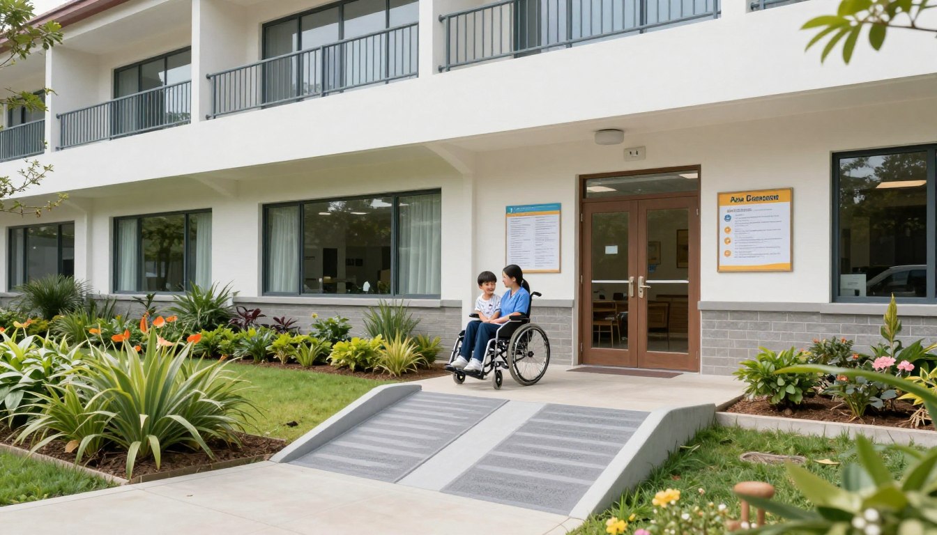 Budynek ośrodka opiekuńczego dla dzieci z niepełnosprawnościami z tablicą informacyjną i dostępnym podjazdem dla wózków