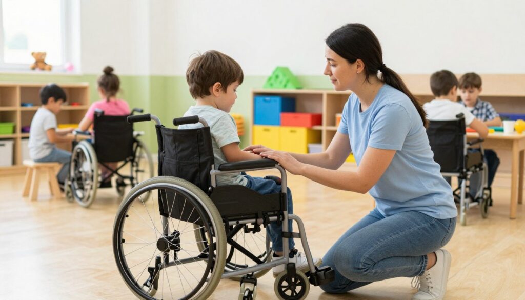 Dziecko z niepełnosprawnością podczas zajęć w ośrodku dziennego pobytu z terapeutą Dziecko z niepełnosprawnością podczas zajęć w ośrodku dziennego pobytu z terapeutą
