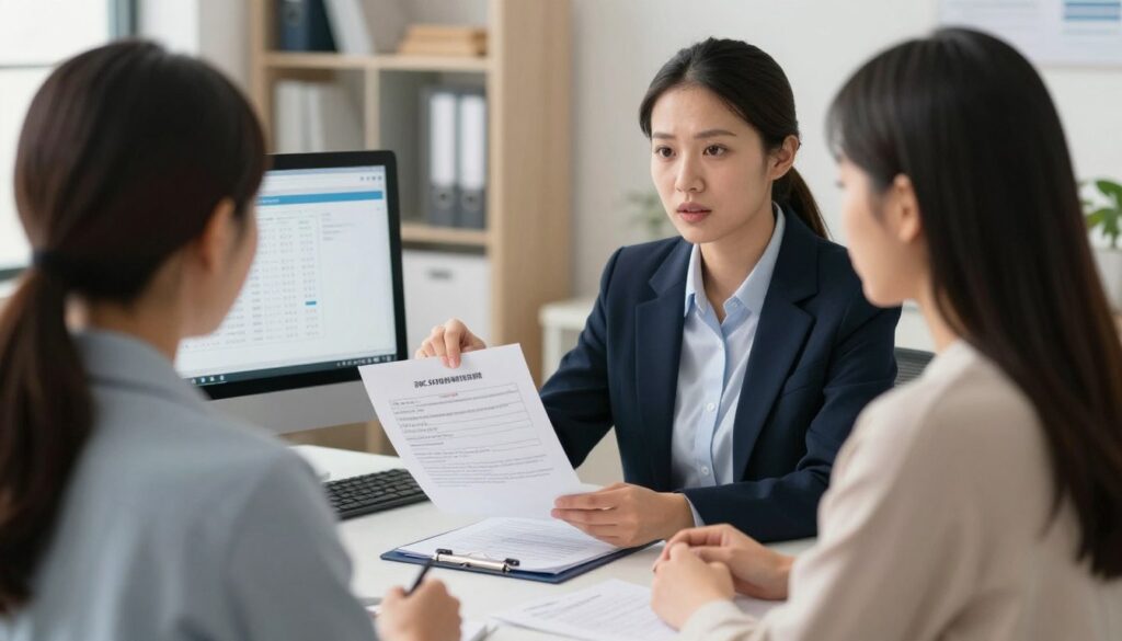 Pracownik socjalny omawiający z rodzicem aspekty finansowe opieki nad dzieckiem w ośrodku Pracownik socjalny omawiający z rodzicem aspekty finansowe opieki nad dzieckiem w ośrodku