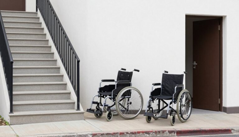 Przykłady barier architektonicznych - schody bez podjazdu, wysokie krawężniki i wąskie przejścia