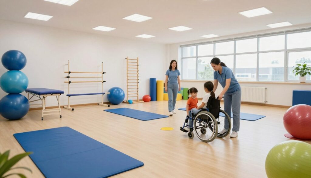 Sala rehabilitacyjna w ośrodku dla dzieci z niepełnosprawnościami z profesjonalnym sprzętem i terapeutami Sala rehabilitacyjna w ośrodku dla dzieci z niepełnosprawnościami z profesjonalnym sprzętem i terapeutami