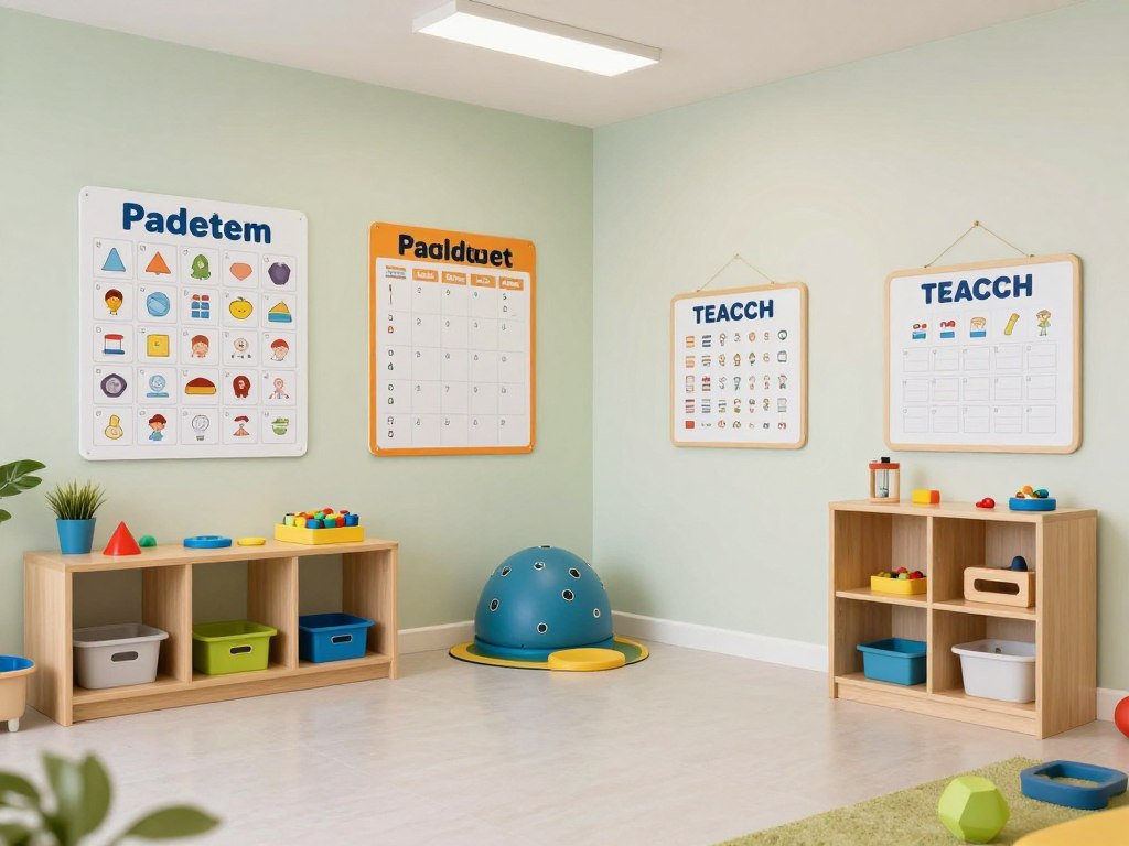 Sala terapeutyczna dla dzieci z autyzmem z elementami strukturyzacji przestrzeni i pomocami wizualnymi Sala terapeutyczna dla dzieci z autyzmem z elementami strukturyzacji przestrzeni i pomocami wizualnymi