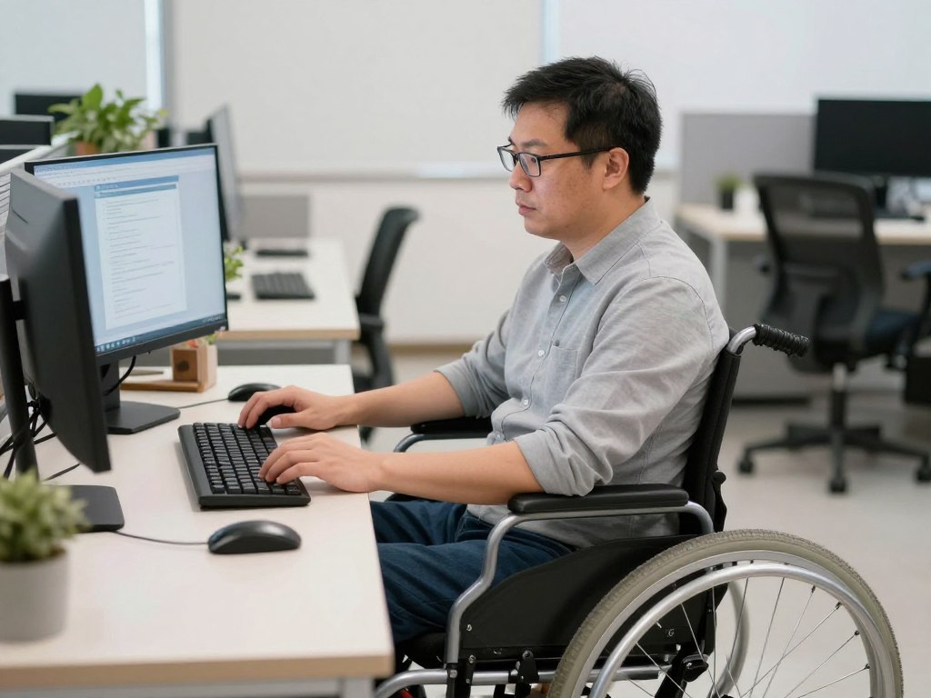 Pracownik z umiarkowanym stopniem niepełnosprawności pracujący w biurze przy komputerze