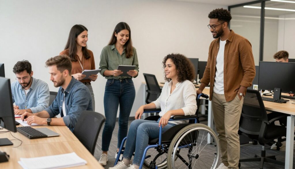 Zespół pracowników w tym osoby niepełnosprawne współpracujący w biurze