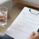 Pacjent przygotowujący się do badania krwi - pije wodę i przegląda listę zaleceń