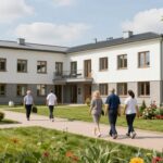 Sanatorium z opiekunem - budynek sanatorium z osobami spacerującymi po terenie
