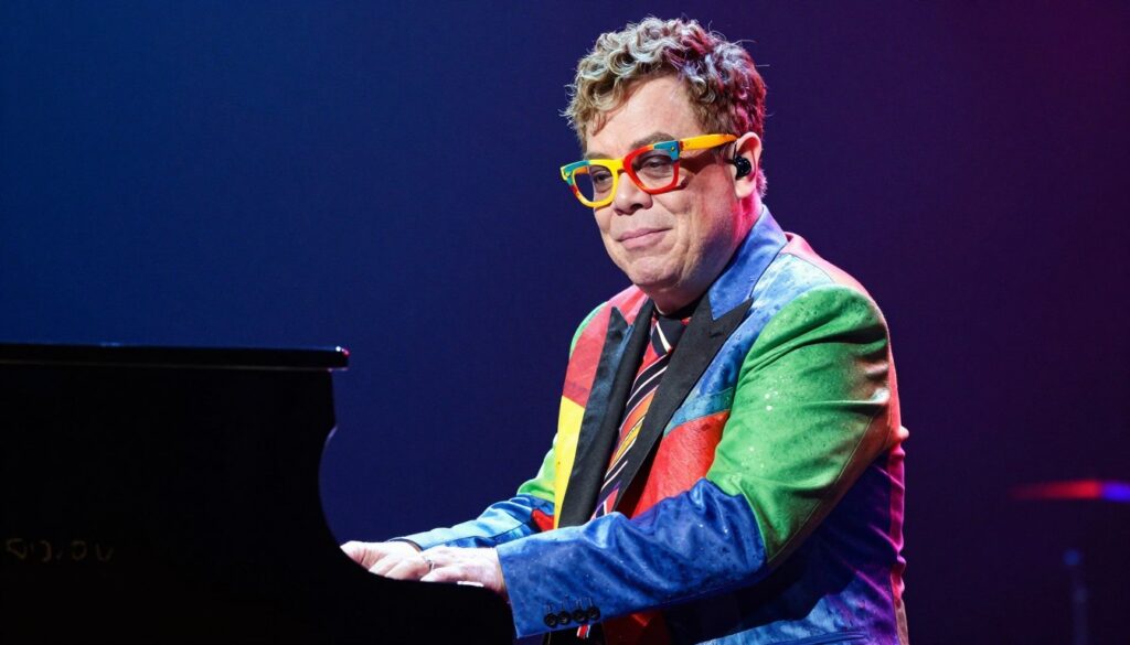 Elton John w charakterystycznych okularach podczas występu na scenie
