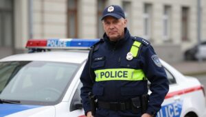 Policjant w mundurze na służbie - emerytura policjanta po 25 latach pracy