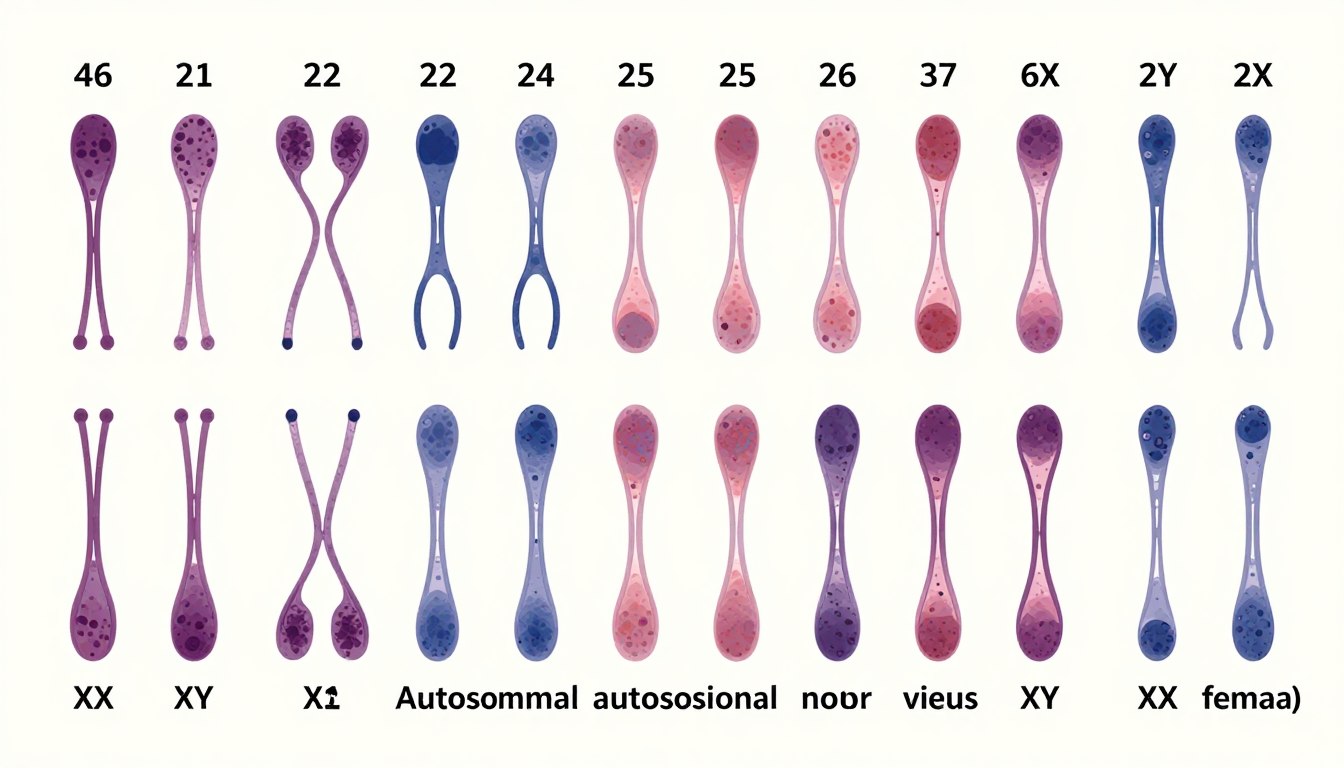 Schemat przedstawiający 46 chromosomów człowieka ułożonych w pary