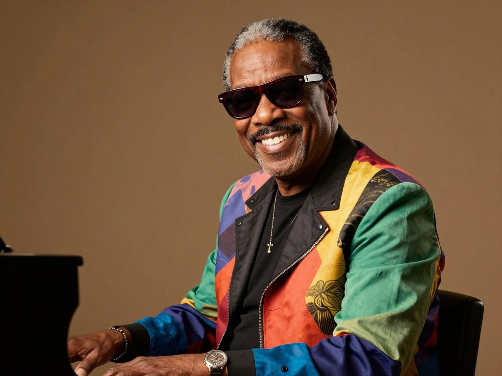 Stevie Wonder, sławny niewidomy muzyk, uśmiechający się w swoich charakterystycznych ciemnych okularach