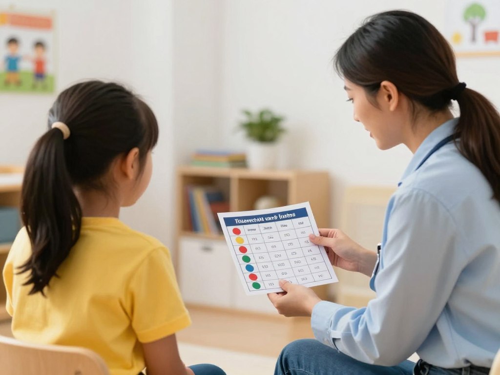 Terapeuta komunikujący się z dzieckiem z autyzmem za pomocą obrazków Terapeuta komunikujący się z dzieckiem z autyzmem za pomocą obrazków