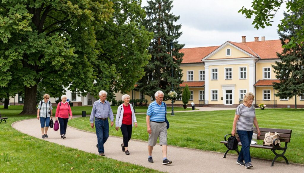 Kuracjusze podczas spaceru w okolicach sanatorium Lwigród