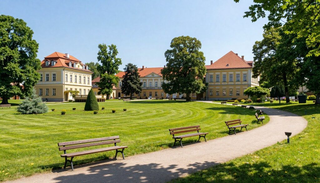 Panorama Parku Zdrojowego w Połczynie-Zdroju z widokiem na sanatoria Panorama Parku Zdrojowego w Połczynie-Zdroju z widokiem na sanatoria