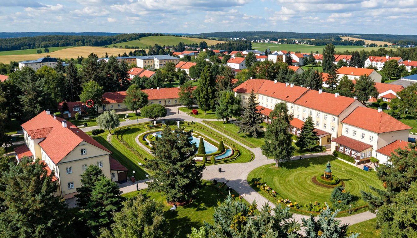 Panorama uzdrowiska Połczyn Zdrój z widokiem na Park Zdrojowy i sanatorium