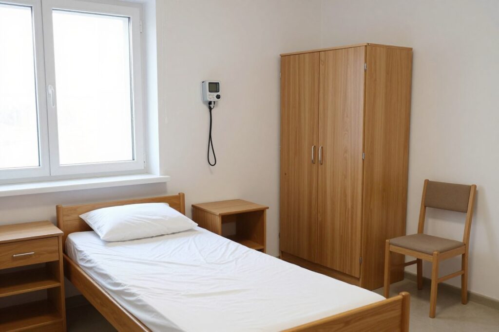Pokój jednoosobowy w sanatorium z widocznym łóżkiem, szafką i podstawowym wyposażeniem