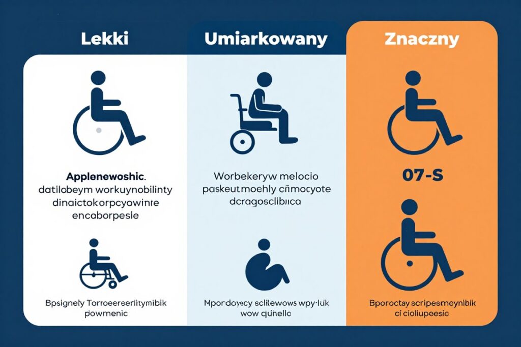 Trzy stopnie niepełnosprawności (lekki, umiarkowany, znaczny) w kontekście symbolu niepełnosprawności 07-S