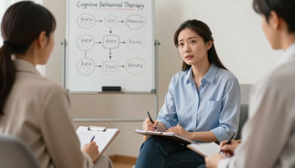 Sesja terapeutyczna, podczas której psycholog pomaga pacjentowi z fobią przy użyciu technik terapii poznawczo-behawioralnej