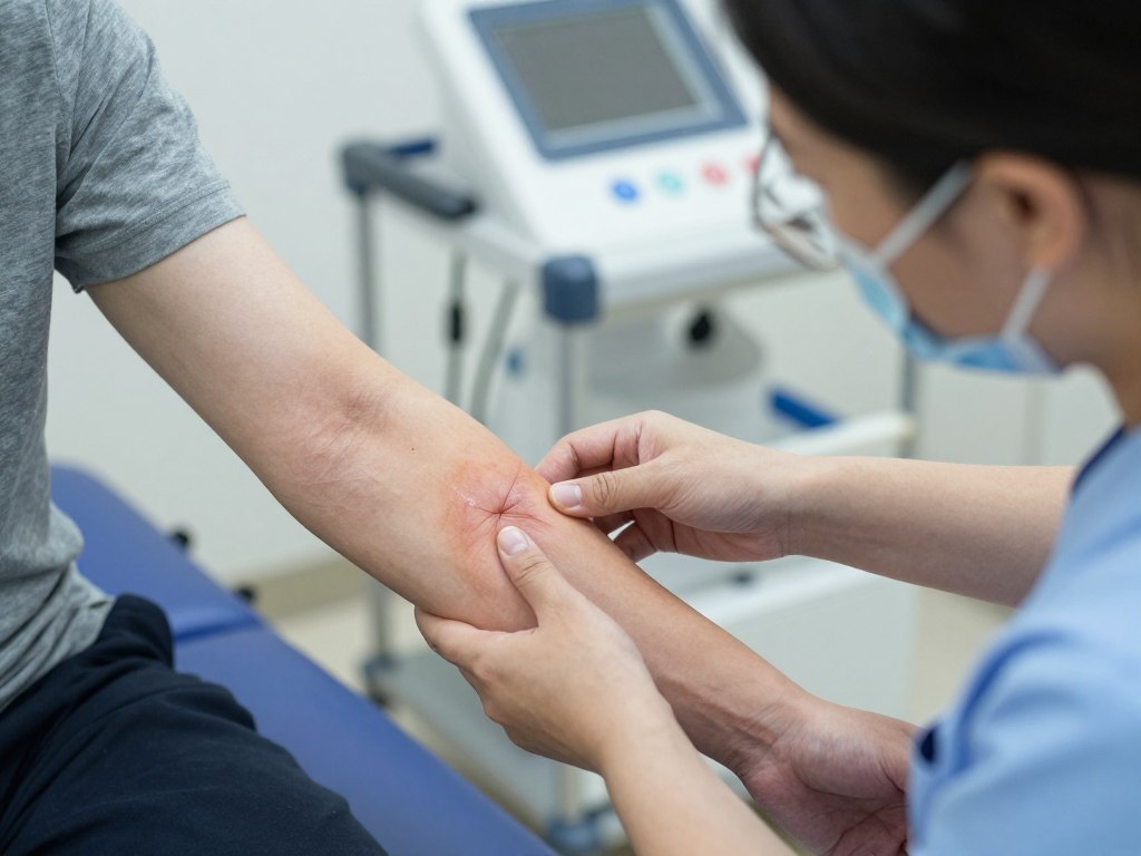 Specjalista rehabilitacji pracujący z pacjentem z bliznami pooparzeniowymi - symbol niepełnosprawności 11-I